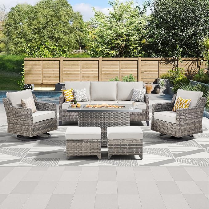 Patio Furniture Set with 42.5" Fire Pit Table-6 Pieces All Weather Wicker Outdoor Furniture with High Back Swivel Patio Chairs Set of 2 Outdoor Couch for Deck Backyard Beige/Gray