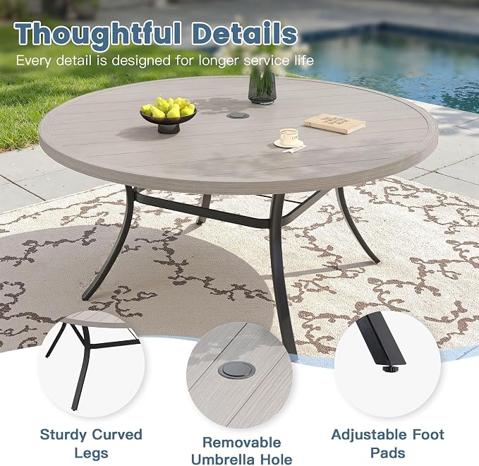DIFY 11 Piece Outdoor Dining Set, 63" Grey Wood-Like Round Metal Patio Table and Grey Textilene Stackable Chairs for 10, All Weather Patio Furniture Set with Umbrella Hole for Backyard Garden Deck
