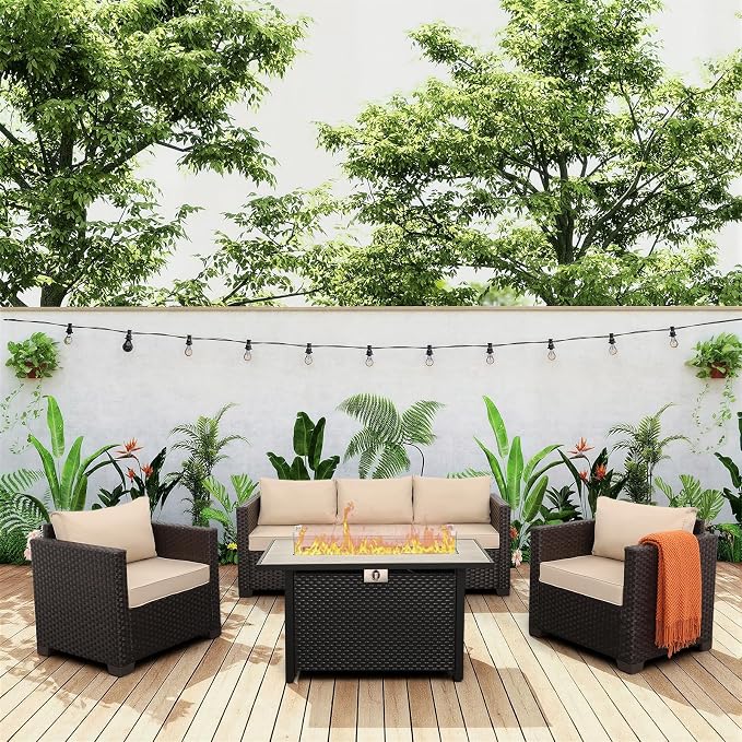 Rattan Star Outdoor Furniture Sets Patio Couch Outdoor Chairs 50000 BTU Propane Fire Pit 4 Pcs Patio Furniture Set 45In Fire Pit Table with No-Slip Cushions and Waterproof Covers, Khaki