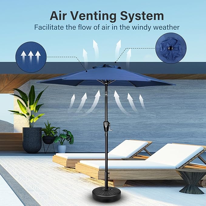 Simple Deluxe 7.5' Patio Umbrella with 20 Inch 50lbs Capacity Fillable Round Base, 6 Sturdy Ribs with Push Button Tilt/Crank for Garden, Deck, Backyard, Pool, Blue and Black