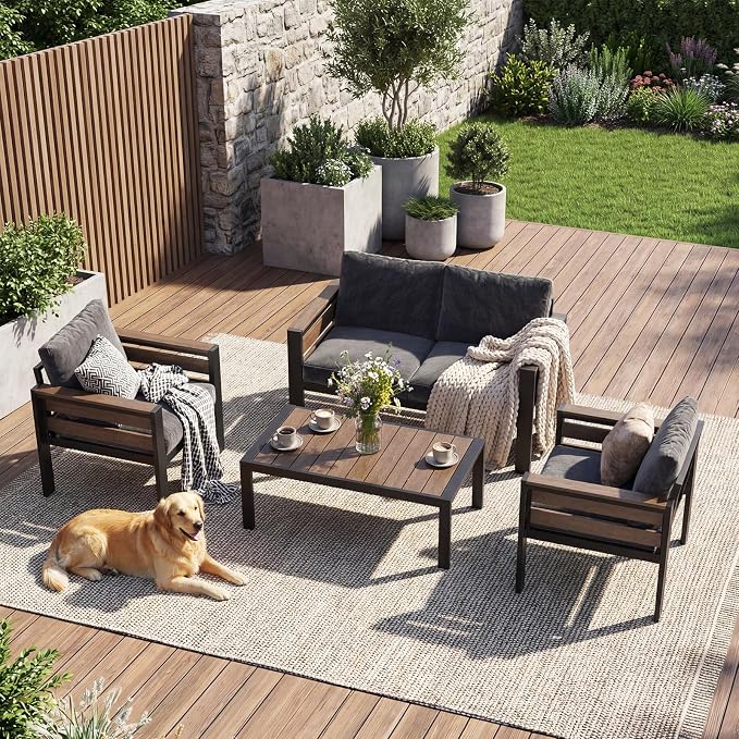 Outdoor Aluminum Patio Furniture Set, 4 Seat 4 Pieces Patio Conversation Sets with 28D Thick Washable Cushions and Coffee Table, Oversized Metal Sectional Sofa Set for Backyard Porch Deck Dalcony