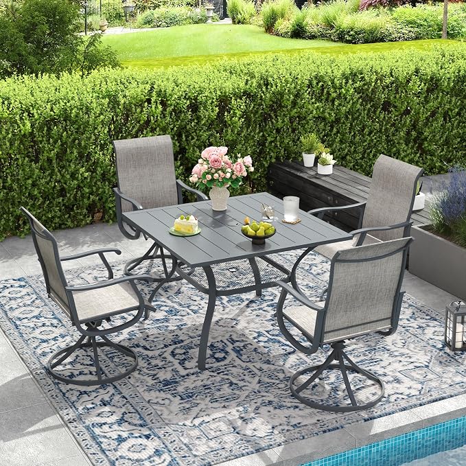 DIFY 5 Pieces Outdoor Patio Dining Set for 4, 37.8" Metal Square Dining Table and 4 Textilene Patio Swivel Chairs with Curved Armrests, Outdoor Table and Chairs, Grey