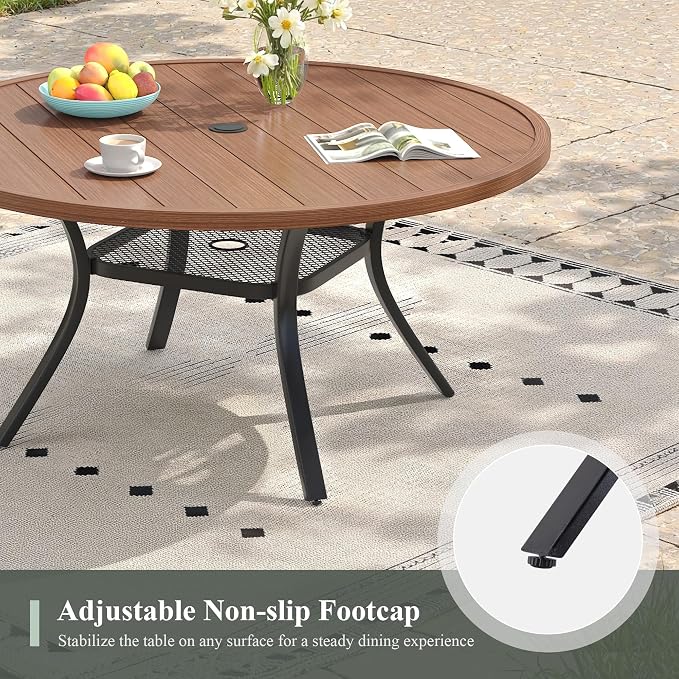 7 Pieces Outdoor Dining Set, Stackable Textilene Paito Chairs & 47.2" Round Dining Table with Umbrella Hole and Shelf, Patio Dining Set for Backyard, Deck, Garden, Brown & Walnut