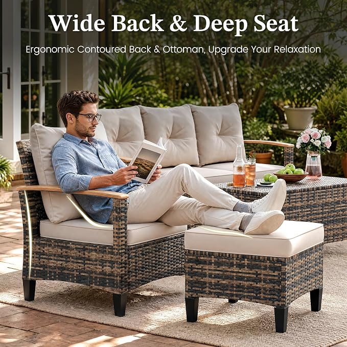 UDPATIO Patio Furniture Set with Fire Pit Table, 6 Pieces Outdoor Wicker Conversation Set for Lawn, Porch, Garden, Backyard, Khaki