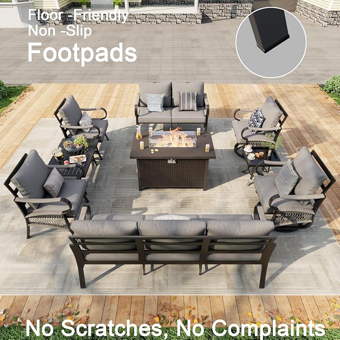 9 Pieces Patio Furniture Set, Metal Outdoor Conversation Sets with Fire Pit Table and Swivel Chairs for Backyard Garden Deck Porch Poolside (Thick Gray Cushions)