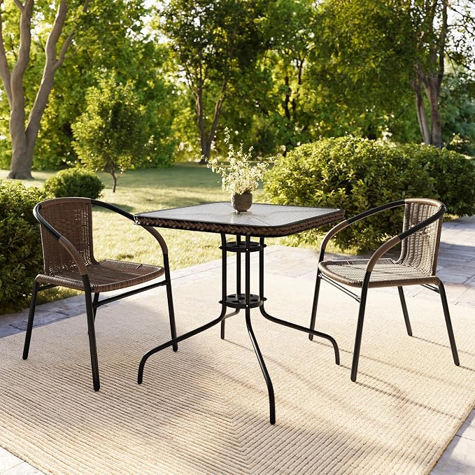Flash Furniture Lila 3-Piece 28" Square Indoor/Outdoor Patio Table and Chairs Set, Glass Metal Bistro Table and 2 Stacking Rattan Chairs, Brown | Tempered Glass, Dark Brown Rattan Edging, 2 Rattan Stack Chairs