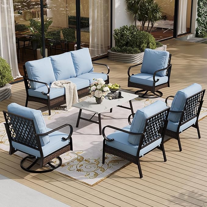 SUNSHINE VALLEY 6 Piece Metal Outdoor Patio Furniture Set - 1 3-Seater & 2 Fixed & 2 Swivel Sofas with 5.75" Thick Cushion & Coffee Table - Black & Blue Backyard Furniture