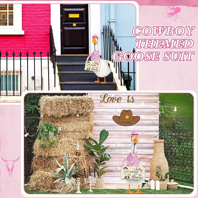 Funny Porch Goose Outfit Decoration Set Silly Goose on The Loose Hangings Sign Cowboy with Outfit Cowboy Hat Bandana for 23" Cement/Plastic Outdoor Statue Patio Yard Lawn Art(Pink)