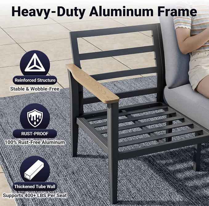 Aluminum Outdoor Patio Furniture Set, 4-Piece Outdoor Sofa with 5.1" Thick Cushions, 55,000 BTU Propane Fire Pit Table, Outdoor Couch for Balcony, Porch, Gray