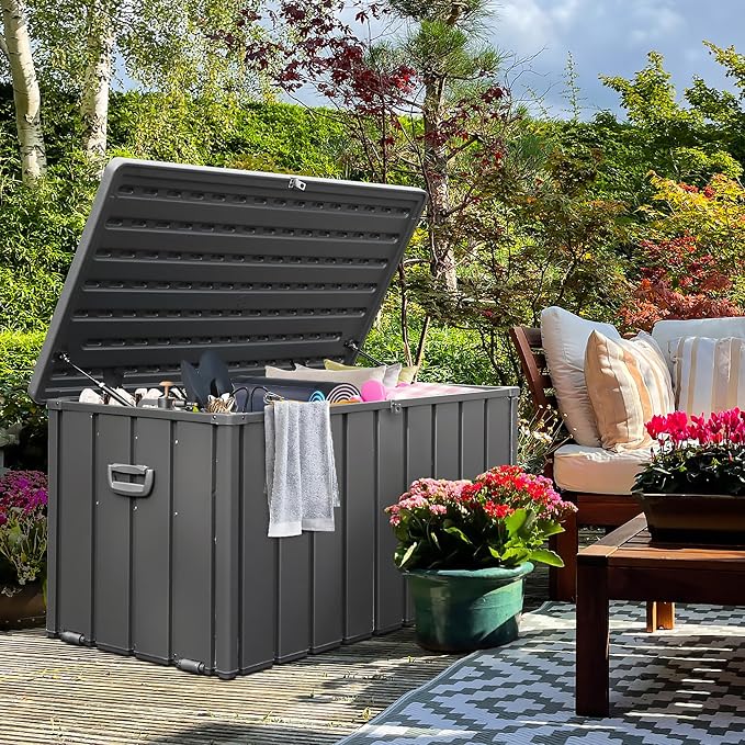 Domi Deck Box Outdoor Storage Box 100 Gallon, Large Metal Storage Cabinet with Resin Lid, Waterproof Lockable Patio Storage Box for Cushions Garden Tools Pool-Supplies, Dark Grey