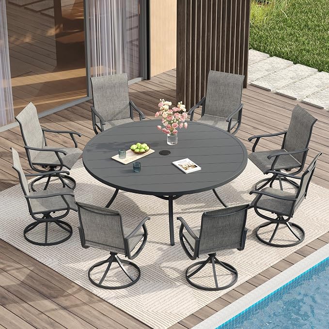 VICLLAX Patio Dining Set for 8, 9 Pieces Outdoor Furniture Includes 60" Round Patio Table with Umbrella Hole and 8 Outdoor Swivel Chairs for Lawn Garden, Grey Tabletop and Fabric