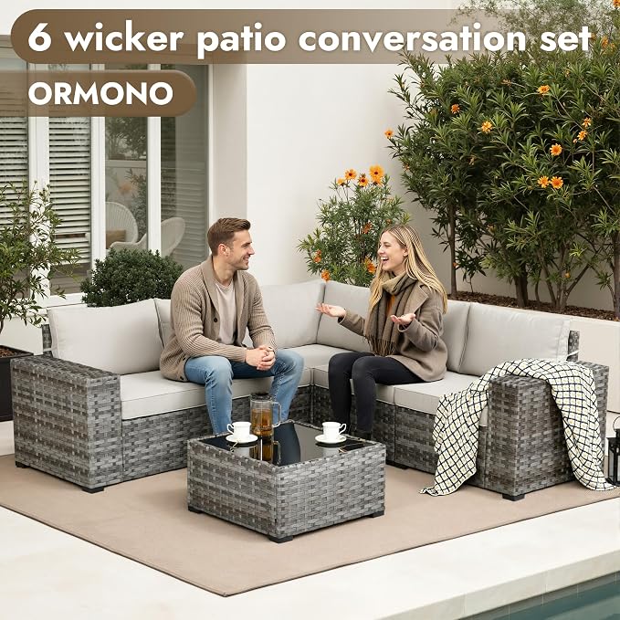 6 Pieces Patio Furniture Set, Wicker Outdoor Sectional Sofa with Coffee Table Comfy Cushions, Modern Modular Deep Seat Rattan Couch Conversation Set for Backyard Porch Yard,Beige