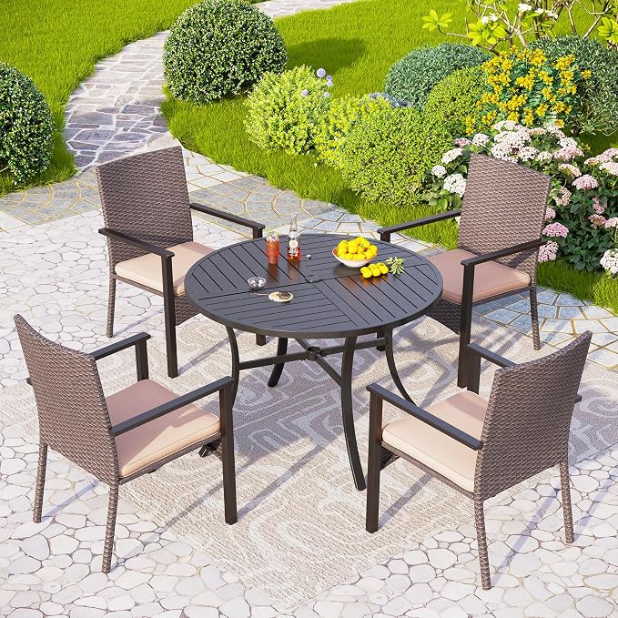 PHI VILLA 5 Piece Outdoor Dining Table Set for 4, 42” Round Steel Dining Table with Umbrella Hole & 4 Metal-Frame Wicker Chairs for Patio, Deck, Yard, Porch