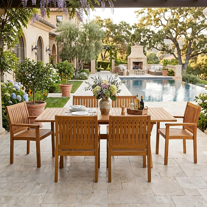 Christopher Knight Home Daron 7 Piece Acacia Wood Outdoor Dining Table Set for 6, Extendable Dining Table and 6 Patio Chairs, Slatted Wooden Outdoor Patio Furniture Set for Garden/Backyard, Teak