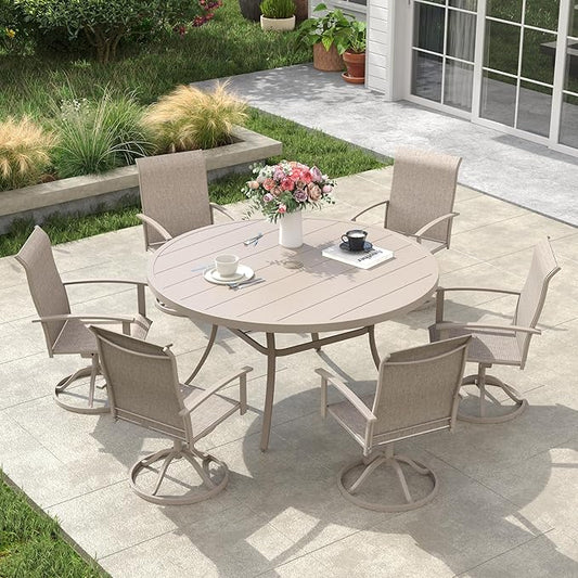 VICLLAX Outdoor Table and Chairs Set for 6, Patio Dining Set of 50 Metal Round Patio Table with Umbrella Hole & 6 Swivel Outdoor Dining Chairs for Backyard Lawn, Sandshell