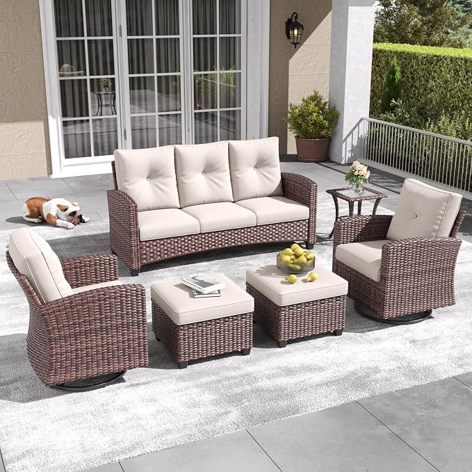 LayinSun 6 Pieces Patio Furniture Set with Swivel Chairs, Rattan Wicker Rocking Glide Chairs with Coffee Table Conversation Set