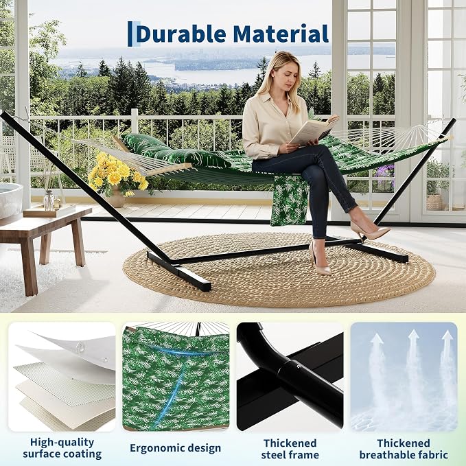 2 Person Heavy Duty Outdoor Hammock with Stand, Portable Double Hammock with Hardwood Spreader Bar, Pillow & Balance Ropes, 450LB Max Capacity with Carry Bag for Patio Backyard Garden Beach