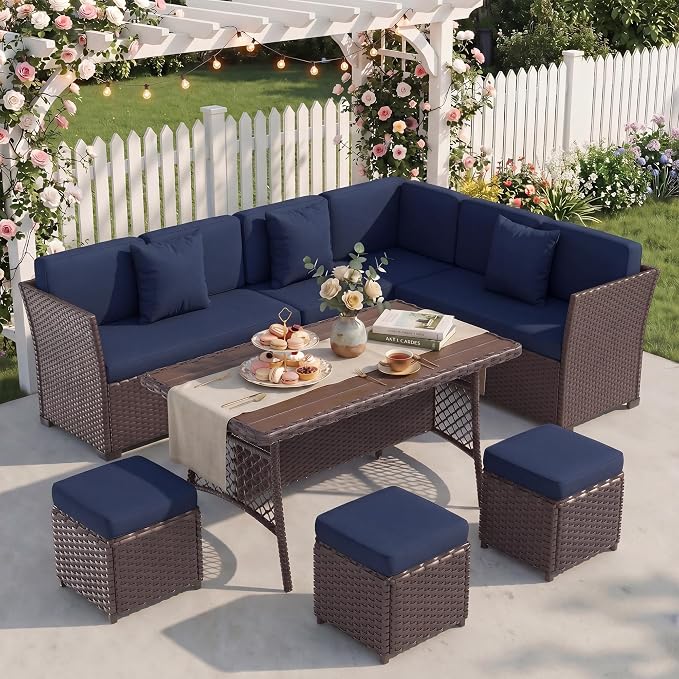 Patio Furniture Set, 7 Pieces Outdoor Dining Sets, All Weather Rattan Conversation Set, Outdoor Dining Sectional Sofa with Large Dining Table, Ottoman (Brown-Navy, A-7 Pieces)