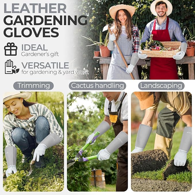 HANDLANDY Rose Pruning Gloves for Men Women, Thorn Proof Gardening Gloves | Long Leather Gardening Gloves, Breathable Leather Gauntlet, Best Garden Gifts & Tools for Gardener (Silver Gray, S)