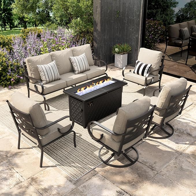 Sophia & William Patio Furniture Set Metal Outdoor Conversation Set, 3-Seater Sofa, 2 Fixed Chairs and Swivel Chairs with 5.75" Extra Thick Cushions and a 45" Fire Pit Table, Beige