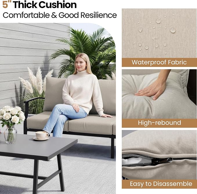 4 Piece Patio Furniture Set, Metal Outdoor Patio Furniture Set, All Weather Modern Couch Sofa with Comfortable Cushions & Coffee Table, Metal Conversation Set for Balcony, Porch, Deck (Khaki)