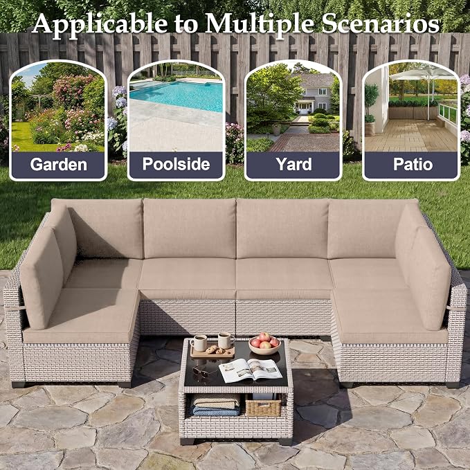 Patio Furniture Set, 15-Piece Outdoor Sectional Sofa with 60,000 BTU Fire Pit Table & 2-Layer Glass Coffee Table, Wicker Patio Conversation Set with Khaki Cushions