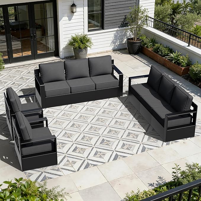 Outdoor Aluminum Furniture Set, 4-Piece Patio Conversation Set, 2 Swivel Chairs and 2 Sofa, All-Weather Metal Frame, 6" Thick Removable Cushions, Deep Setting for Garden, Poolside and Porch