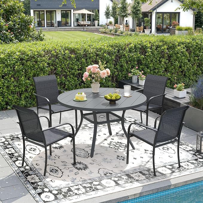 DIFY Outdoor Dining Set for 4, Patio Dining Furniture Set Includes 40.6" Grey Round Table with Adjustable Umbrella Hole and 4 Grey Stackable Metal Chairs for Poolside, Garden, Backyard