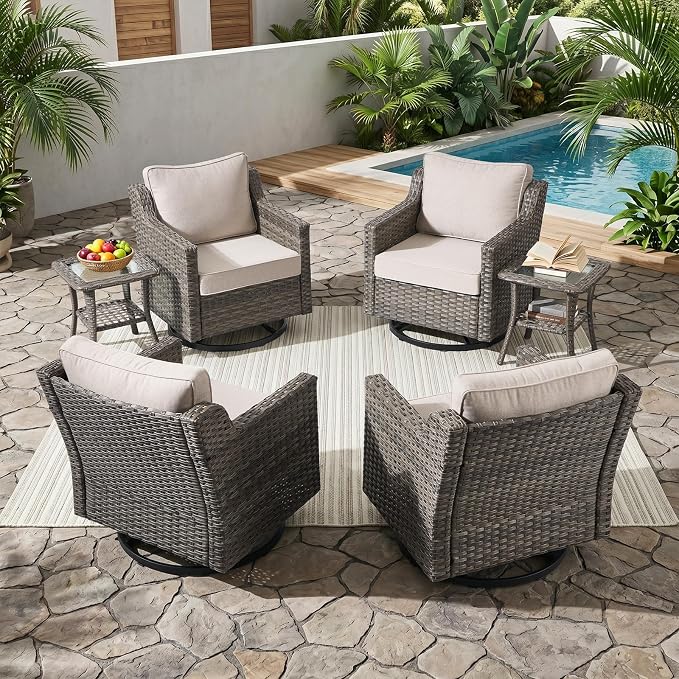 Outdoor Furniture Set of 6, Patio Furniture Set with 4 Wicker Swivel Rocker Chairs and 2 Side Table, High Back&Deep Seat for Garden Deck Porch Balcony Backyard - Beige