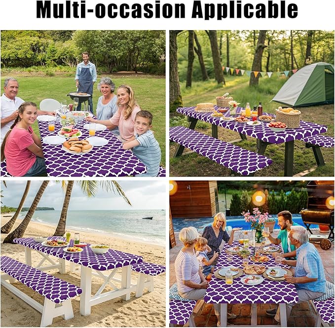 Smiry Picnic Table Cover with Bench Covers, Waterproof Elastic Fitted Tablecloth for 6 Foot Tables, Washable Polyester Tablecloths for Camping, Indoor & Outdoor (Purple, 30x72 Inch 3-pc Set)