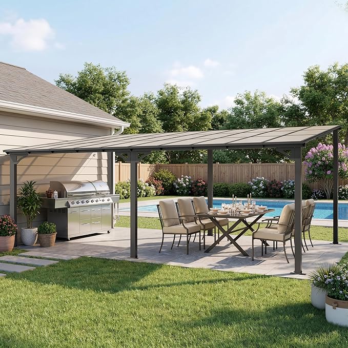 ALAULM 12'x 20' Outdoor Hardtop Pergola,Wall Mounted Lean to Gazebo with Sloped Sun Panel Roof,Galvanized Metal Frame,Sunshade for Patio, Backyard, Deck and Poolside
