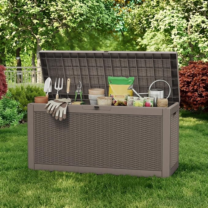 Pepe Tee Waterproof Resin Deck Box, Outdoor Storage Bin for Patio Furniture Cushions, All-Weather Garden Organizer & Seating Bench, Coffee