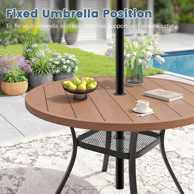 DIFY Outdoor Dining Set for 4, 5 Piece Patio Table and Chairs Set, Swivel Patio Dining Chairs with Brown Textilene & 40.6" Walnut Round Metal Dining Table with Umbrella Hole, for Garden Backyard Deck