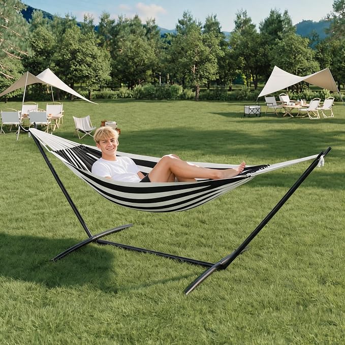 Double Hammock with Stand for Outside - 2 Person Heavy Duty Hammock, Portable Steel Stand for Patio Yard, Easy Assembly, 450 Lbs Capacity