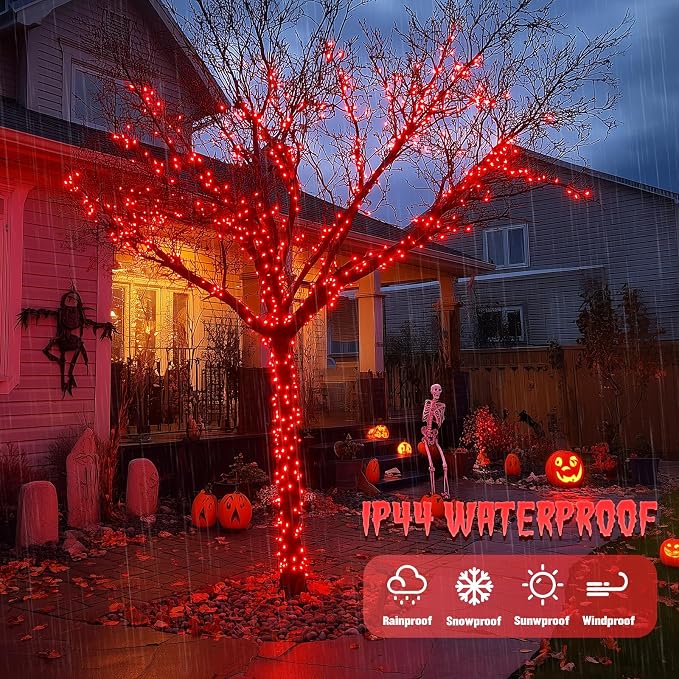 JMEXSUSS 4 Pack Solar Fairy Lights, 100 LED 33FT Red Halloween Lights | Outdoor Waterproof, 8 Modes Copper Wire Solar String Lights for Outside Patio Yard Garden Christmas Halloween Decorations