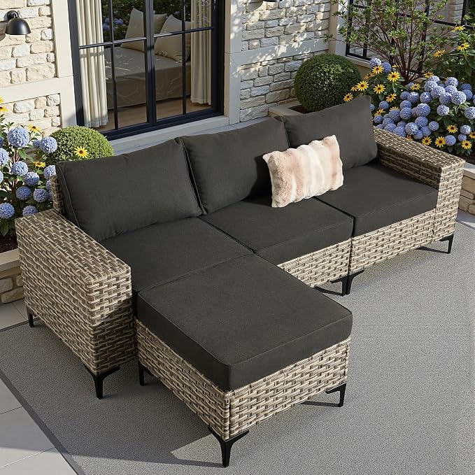 4 Pcs Patio Outdoor Furniture Set - All Weather Wicker Outdoor Sectional Sofa Couch with Ottoman,Patio Modular Rattan Conversation Set for Garden Deck Yard,Black