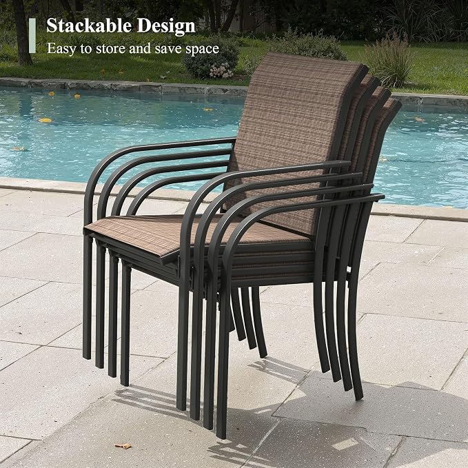5 Pieces Outdoor Dining Set, Stackable Textilene Paito Chairs & 40.5" Round Dining Table with Umbrella Hole and Shelf, Patio Dining Set for Backyard, Deck, Garden, Brown & Walnut