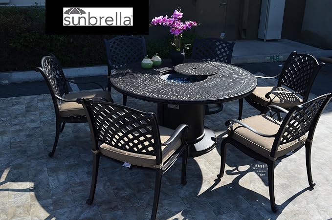 Nassau Outdoor Patio 7pc Dining Set Round 60" Fire Gas Table Dark Bronze Solid Cast Aluminum Sunbrella Cushions (Set with 6 Regular Chairs, Sunbrella Sesame)