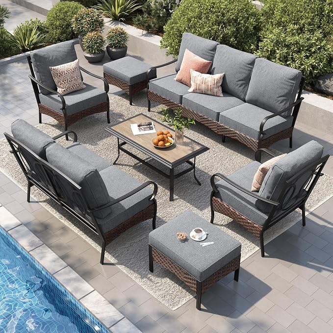 PHI VILLA Patio Furniture Set, Extra Large Wicker & Metal Outdoor Conversation Set Patio Sectional Sofa Set with Fixed Chair & Waterproof Thick Cushions for Porch, Poolside, Deck(7 Pieces, Grey)