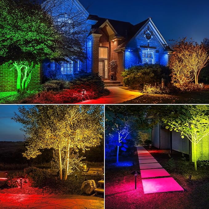 SUNVIE RGBW Landscape Lighting Kit 12V Low Voltage Landscape Lighting with Connectors, Color Changing Low Voltage Pathway Lights Wired with Spotlights Waterproof for Holiday Patio Garden Yard,12 Pack