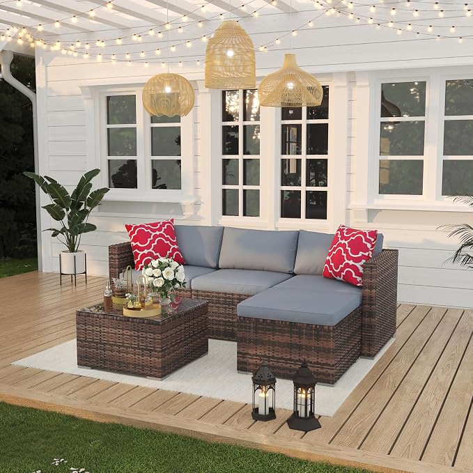 Patio Furniture Sets 5 Pieces, PE Wicker Modern Patio Conversation Set with Storage Cushions for Poolside, Deck, Balcony (Brown/Light Grey)