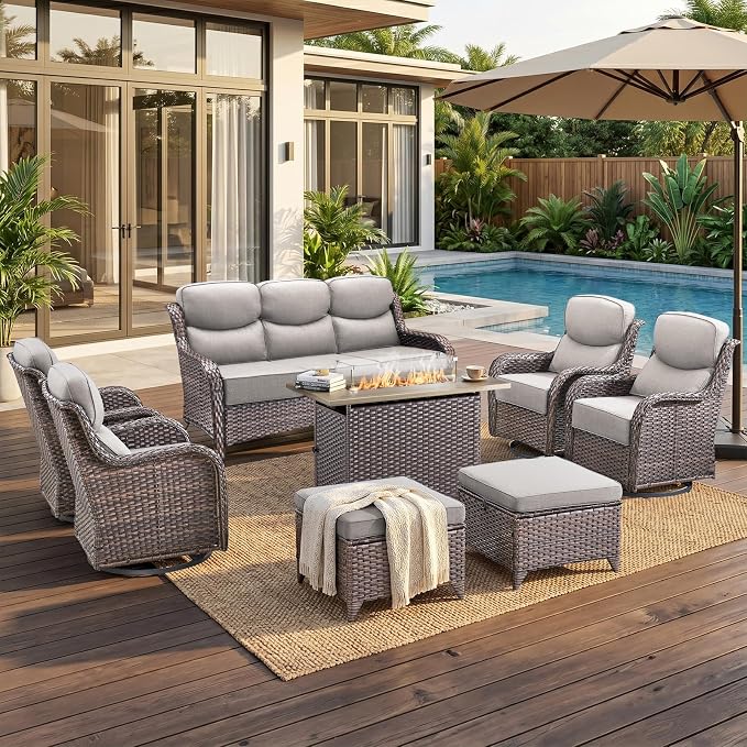Luxury High Back Outdoor Furniture 6-Inch Thick Cushions with 50,000 BTU Gas Propane Fire Pit Tablet, Patio Furniture Set with Swivel Chairs, 8 PCS for Porch, Balcony, Deck and Yard