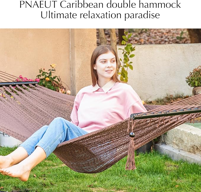 PNAEUT Double Rope Hammocks for Outside, Handwoven Double Caribbean Hammock with Spreader Bar for Outdoor Indoor, Max 600 lbs Capacity (Mocha)