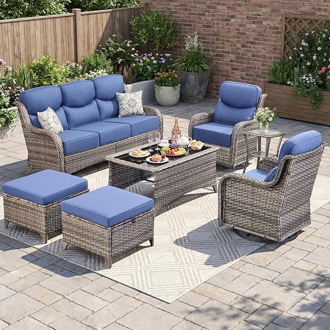 Swivel Patio Chairs sofa Set of 7 - 6" Thick Cushion - Wicker Outdoor Swivel Rocker Patio Chair ,Sofa/Glass coffee table, High Back Comfortable Outdoor Glider Chairs - Grey Wicker | Blue Cushions