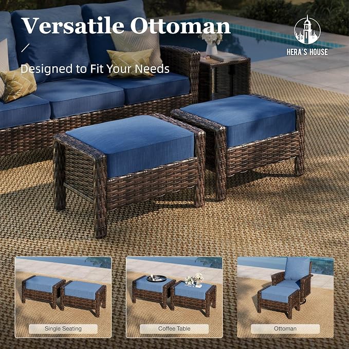 HERA'S HOUSE Patio Furniture Set, 5 Pieces Outdoor Seating Set, 35" High Back Swivel Chairs with 5.5" Thick Cushions, Brown Wicker Conversation Set with Ottomans for Deck Lawn Yard, Peacock Blue