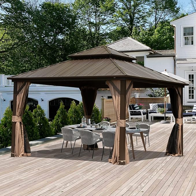 Domi 12' x 12' Hardtop Gazebo, Outdoor Metal Gazebo for Patios with Galvanized Steel Double Roof, Heavy Duty Curtains and Netting Included, Permanent Pergola for Backyard, Garden Lawn, Brown