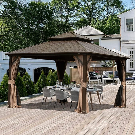 Domi 12' x 12' Hardtop Gazebo, Outdoor Metal Gazebo for Patios with Galvanized Steel Double Roof, Heavy Duty Curtains and Netting Included, Permanent Pergola for Backyard, Garden Lawn, Brown