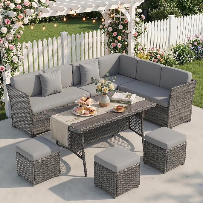 Patio Furniture Set, 7 Pieces Outdoor Dining Sets, All Weather Rattan Conversation Set, Outdoor Dining Sectional Sofa with Large Dining Table, Ottoman (Grey-Light Grey, A-7 Pieces)