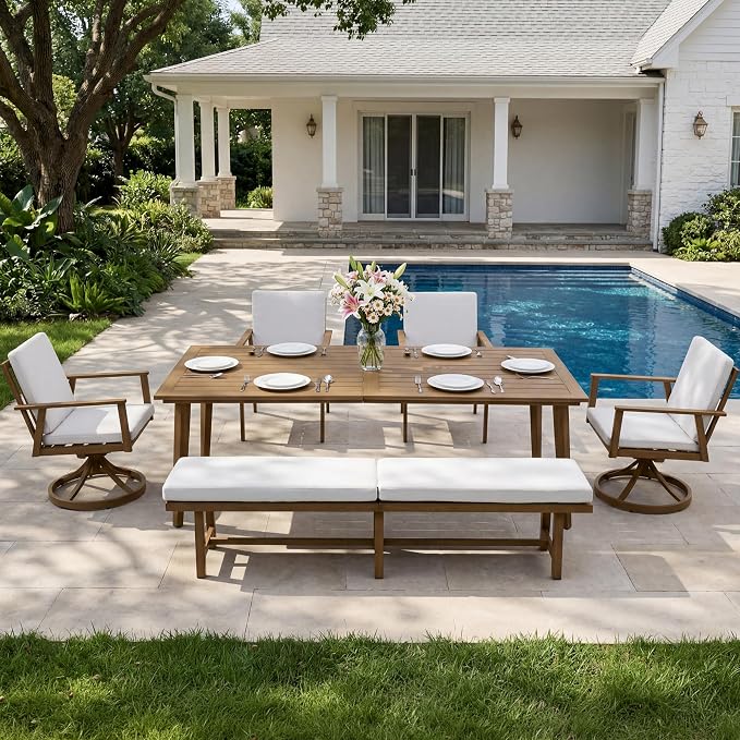 6-Piece Outdoor Table Set with Chairs & Bench, 8-Person Outdoor Rectangular Dining Table with Umbrella Hole, Faux Wood Grain Patio Table Set with Swivel Chair for Garden Backyard Proch, Teak
