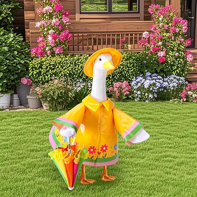 DECOHS 3 Pcs/Set Raincoat Porch Goose Outfits, Summer Lawn Goose Statue Raincoat Costume, Yard Goose Clothes Raincoats Umbrella Hat Outfit for 23" Statue Patio Garden Decoration (Yellow)